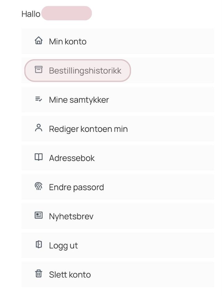 Min side med valg for bestillingshistorikk