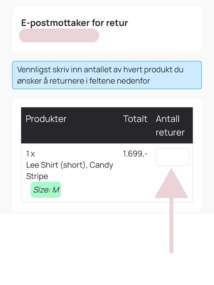 Velg antall produkter som skal returneres
