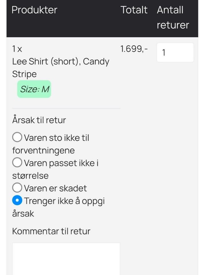 Velg årsak til retur og legg eventuelt inn kommentar