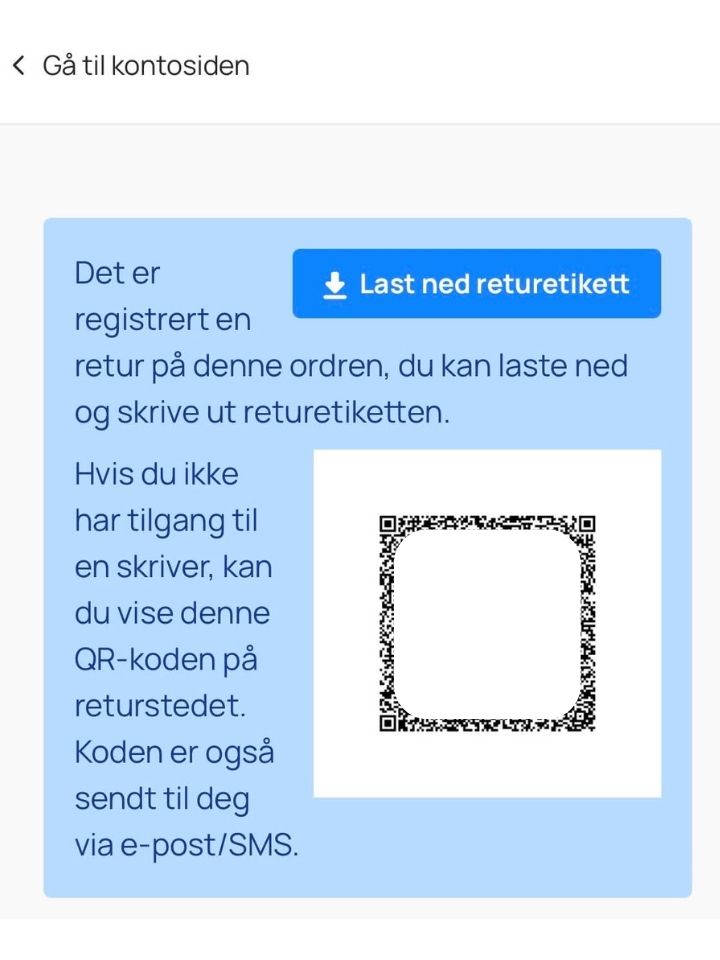 Bekreftelse på registrert retur og QR-kode