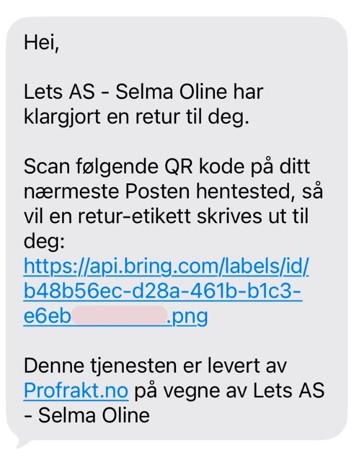SMS med informasjon om QR-kode for returforsendelse
